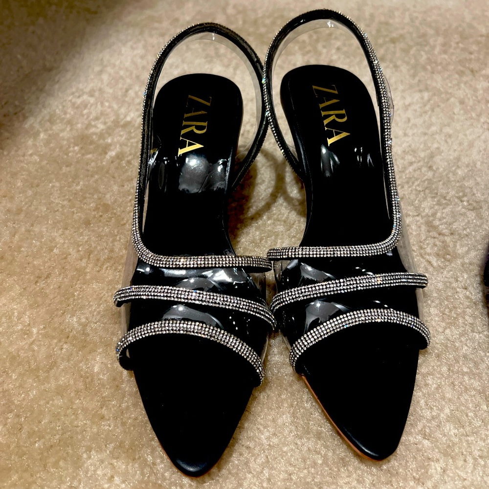 ZARA Black Rhinestone Strappy Slingback Heels – New / Never Worn